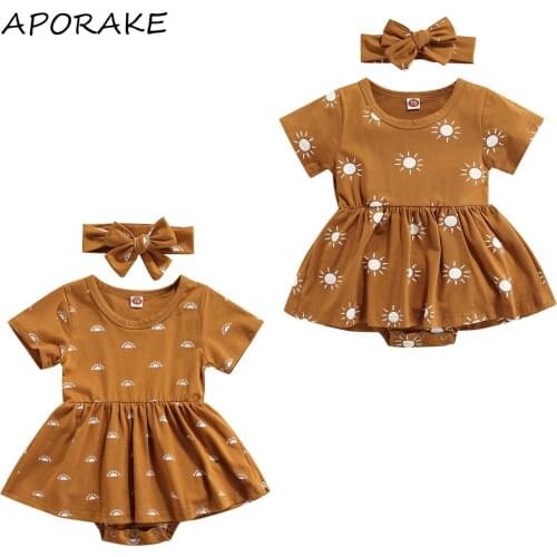 2021 0-24M Sweet Newborn Baby Girl Romper Dress Cartoon Sun Print Short Sleeve Crew Neck Tutu Playsuit+Headband Summer 2pcs
