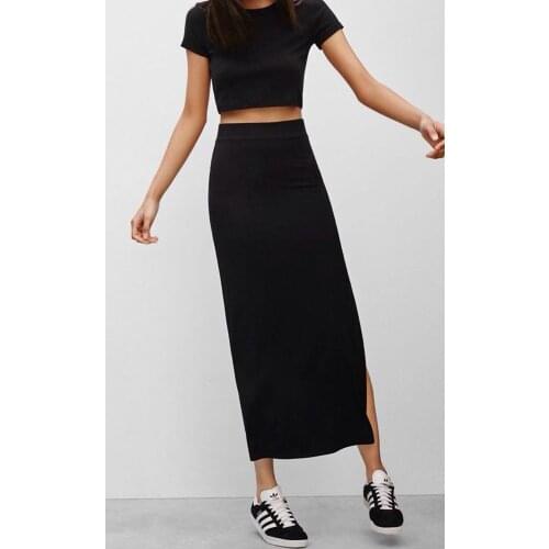 Summer New Commuter Womens Black Round Collar Short-sleeved t T-shirt Two-piece Set One-sided Fork Skirt