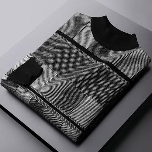 Classic Plaid Mock Turtleneck Mens Sweaters Luxury Autumn Winter Thicken Sweater Male Fashion Fit Man Sweaters 3XL