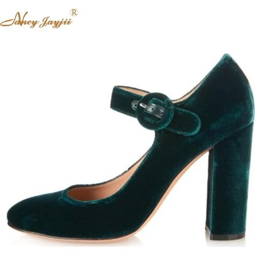 2021 Womens Mary Jane Closed Round Toe High Heels Flock Buckle Dress Pumps Hot Sale Sexy Fashion Party Shoes Nancyjayjii
