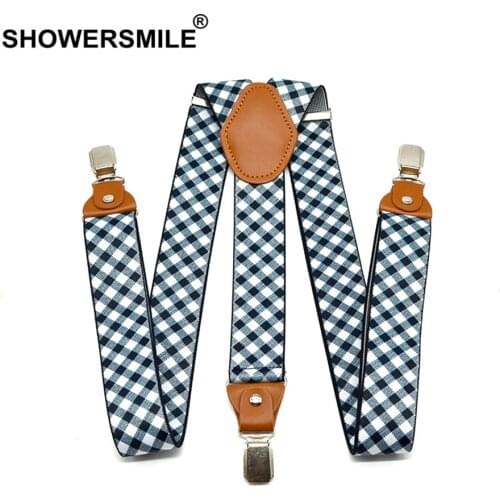 SHOWERSMILE Mens Suspenders Checkered Wedding Formal Braces Elastic Suspender Straps Mens Trouser Belt 3.5*120cm Men Accessories