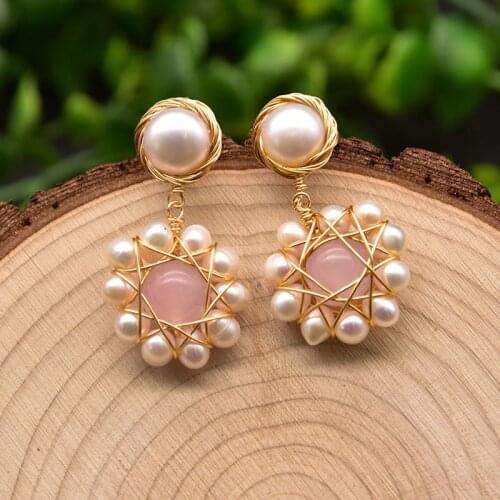 4-5mm Natural Fresh Water Pearl Round Flower Drop Earrings For Women Natural Stone Dangle Earrings Handmade Jewelry Party Gift