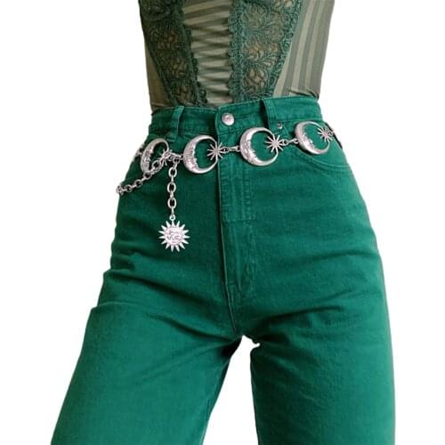 Vintage Punk Waist Chain Belts for Women Moon Sun Pendant Gothic Punk Silver Waist Belt
