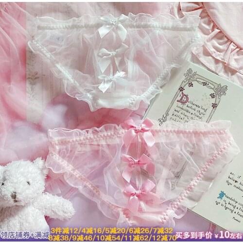 Japanese Lolita girl heart ultra thin transparent low waist sexy big bow mesh lace sexy underwear lingerie panties women thong