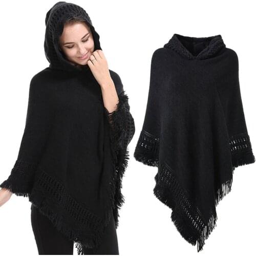 Ladies' Hooded Cape Plus Size sleeveless Knit Shawl Cardigan with Fringed Hem Crochet Poncho Knitting Patterns for Women