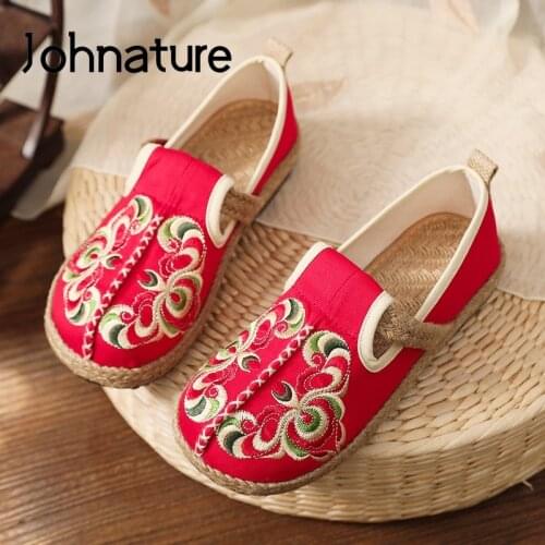 Johnature Retro Flats Women Shoes Spring/Autumn 2021 New Embroider Cotton Linen National Style Handmade Concise Ladies Shoes
