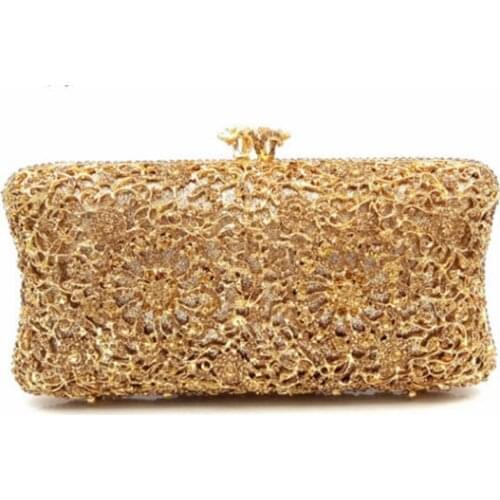 Hollow Out Flower gold Crystal diamond Women Evening Bags Metal Shoulder bagsHandbag Minaudiere Clutch Bridal Wedding Clutches