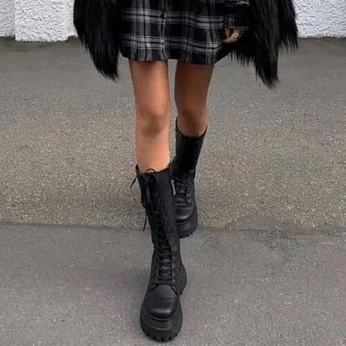 Autumn Winter 2021 Chunky Boots Platform Women Black Pu Leather Knee High Boots Woman Thick Bottom Lace Up Long Booties