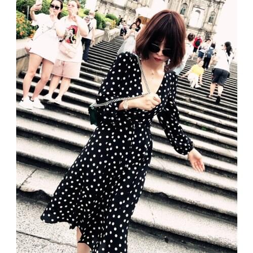 Women Top Quality Silk Polka Dot Print Long Sleeve Wrap V Neck High Waist Midi One Piece Dress With Waist Tie