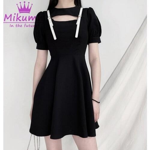 Harajuku Gothic Dress Womens Summer Dark Black Vintage Hollow Out O-neck Puff Sleeve Female High Waist A-line Dresses Vestidos