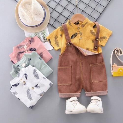2021 Summer Toddler Kids Baby Boy Clothes Feather Print T Shirt Suspender Trousers Outfits Set Fashion Boy Sets For 1-3 Years