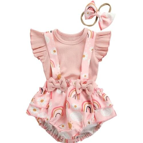 2021 0-18M Sweet Infant Baby Girl Clothes Fly Sleeve Solid Color T-shirt Top+Rainbow Print Straps Bow Shorts Summer 3pcs Set
