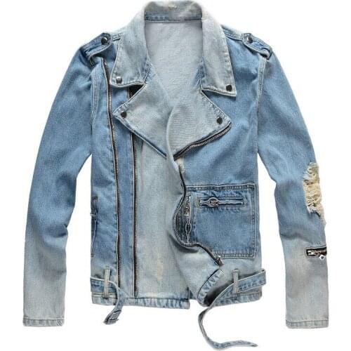 American Street Fashion Men Jackets High Quality Retro Light Blue Destroyed Ripped Denim Biker Jacket Men Hip Hop Punk Coats