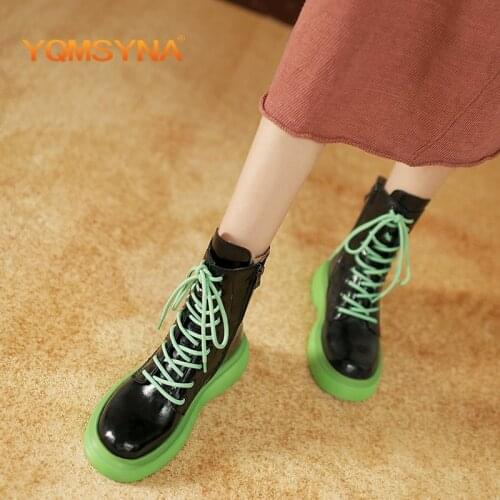 YQMSYNA Fashion Modern Boots Genuine Leather Round Toe Thick Bottom Flat with Boots Convenient Lace-up Office Lady Shoes AS317