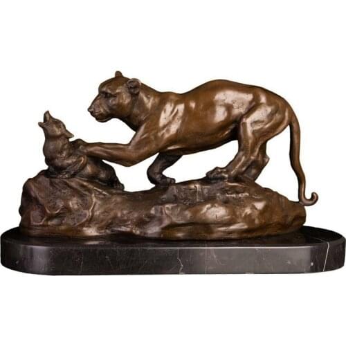 Leopard Hunting Sculpture Statue Bronze Marble Base Hot Casting Wildlife Animal Figurine Vintage Western Art