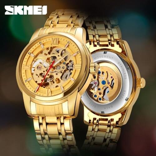 SKMEI Fashion Brand Automatic Mechanical Watch Men ClockBusiness Mens Wristwatch Stainless Steel Luxury Gold Mechanical Watch
