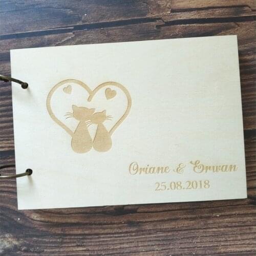 Wooden Custom Name Date Personalized Love Cat Guest Book Bridal Shower Rustic Wood Wedding Guestbook Memory Book