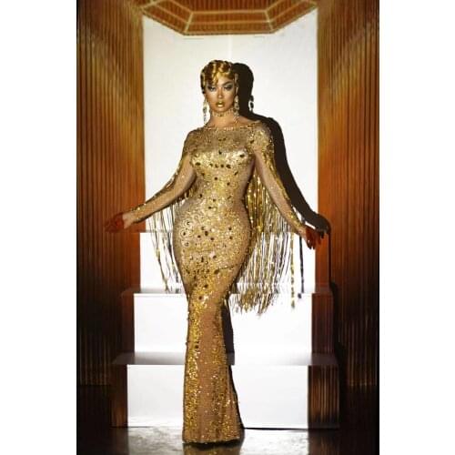 Handmade Glass Drill Chain Long Dress Evening Party Rhinestones Dresses Birthday Tassel Stage Costume Fringes Dress