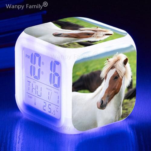 White Horse LED Alarm Clock 7 color luminous digital clock student room luminous electronic watch gift for children