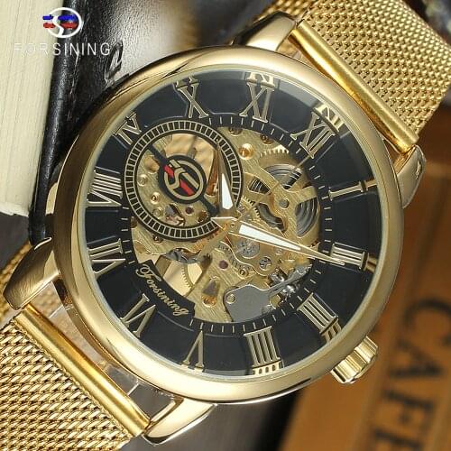Forsining Transparent Case 2017 Fashion 3D Logo Engraving Golden Stainless Steel Men Mechanical Watch Top Brand Luxury Skeleton