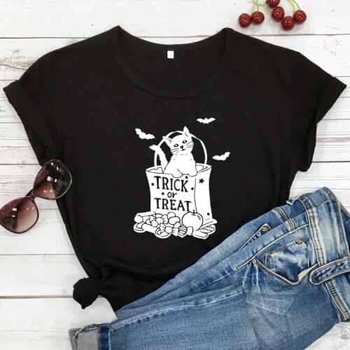 Trick Or Treat Cat Print T-shirt Cute Women Graphic Halloween Holiday Top Tee Shirt Funny Cat Mom Gift Tshirt Dropshipping