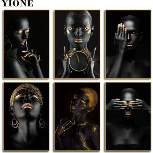 Gold Black Woman Canvas Paintings Modern Fashion African Art Figure Posters and Prints Wall Pictures for Living Room Decoration