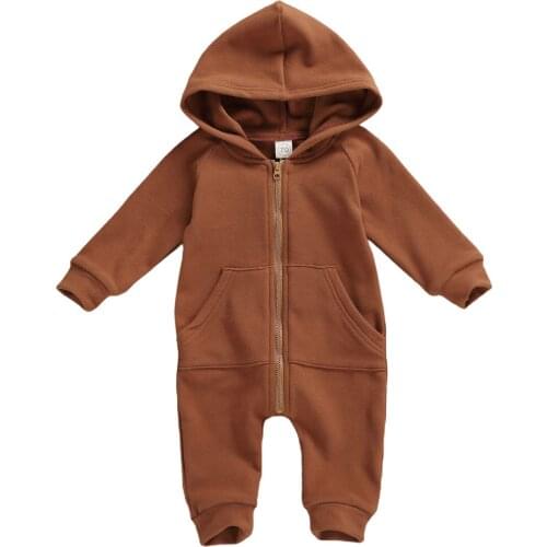 0-24M Baby’s Long Sleeve Jumpsuit Autumn Fashion Solid Color Zipper Hooded Pocket Romper