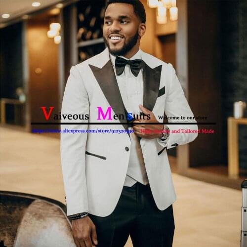White Men Suit Wedding Suit 3 Pieces Tuxedo Groom Best Man Terno Masculino Slim Fit Jacket Vest Mens Suits with Dark Green Pants