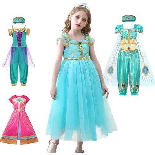 Girls Jasmin Costume Cosplay Aladdins Lamp Clothes Kids Party Fancy Gown Birthday Halloween Vestido Girl Jasmin Princess Dress