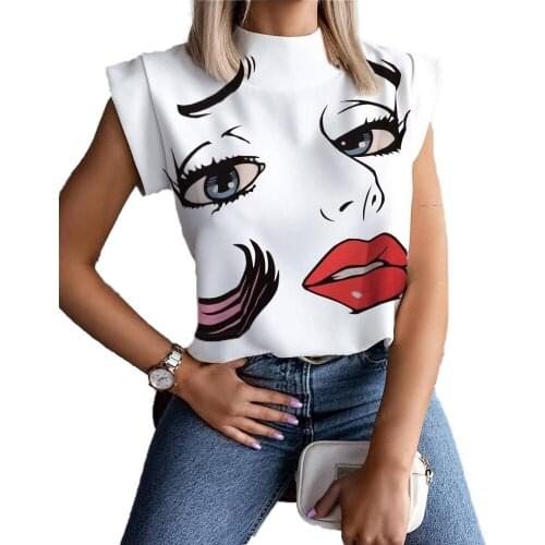 Summer Women Blouses Sexy Summer Print Office Lady Tops Shir Pullover Top Printed Stand Collar Shirt