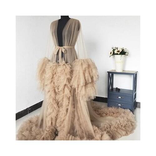 Fashion Khaki Puffy Tulle Maternity Women Dresses Real Image Ruffles A-line Jacket Formal Dress Robe Nightgown