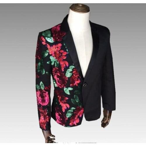 Fashion Rose Flowers Red Green Sequins Slim S-4XL Men Suit Jacket Nightclub Male Outfit Wedding Performance Evening Blaze