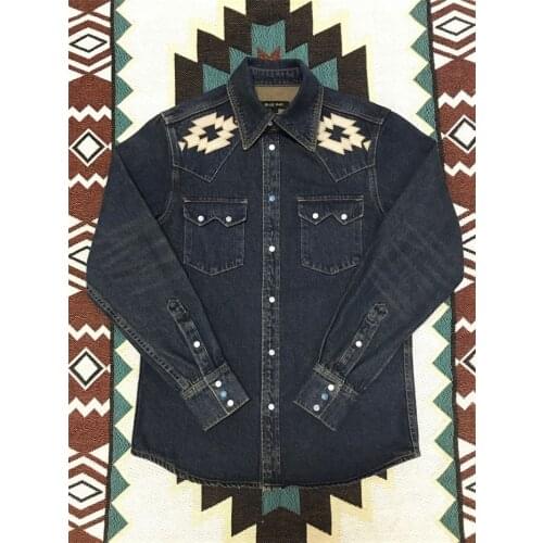 Mens 100%cotton denim vintage shirt western shirt Navajo embroidery