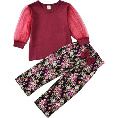 2021 New Children Girls Clothing Set Tulle Long Sleeve T-Shirt Tops Bowknot Flower Pants Autumn Spring Outfits