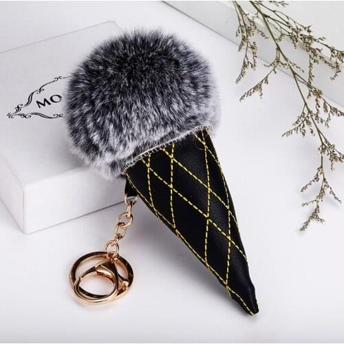 New Double Color Fur Pom Pom Keychain Pompom Ice Cream Fur key Chain Pompon Porte Clef Rabbit Fur Ball Key Ring EH859