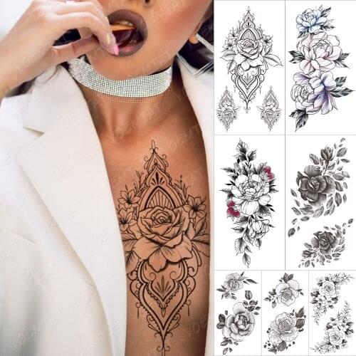 Sexy Black Mandala Flower Temporary Tattoos For Women Girls Henna Tatoos Paper Fake Jewelry String Snake Flower Tattoo For Party