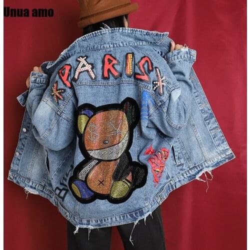 Unua amo 2021 Streetwear Womens Denim Coat Oversized Jackets Fashion Heavy Industry Diamond Beading Cartoon Bear Jean Jacket