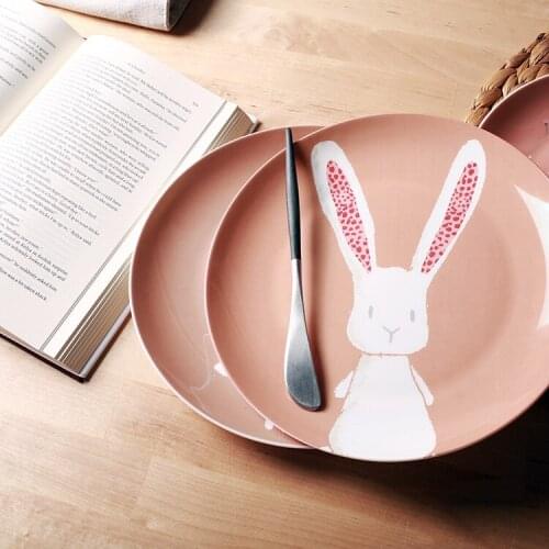 In-Glaze Decoration Bone China High Quality Christmas Dinner Plates Rabbit Printed Food Tray Cute Pink Dinnerware Noodle Dishes