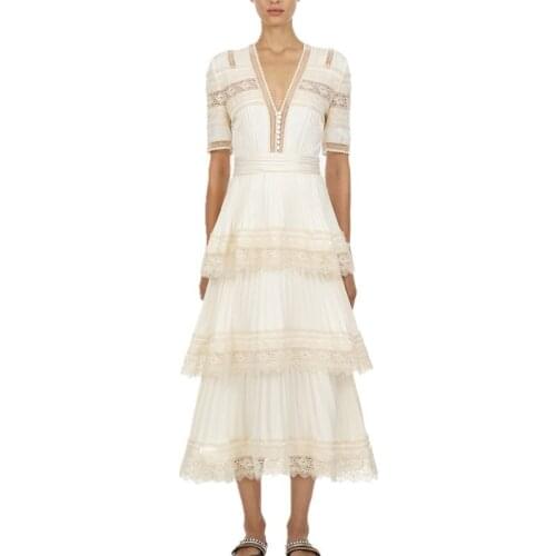 ZAWFL High Quality Self Portrait Designer dress 2021 fashion white lace Ladies V neck Short Sleeve ruffles Long Dress