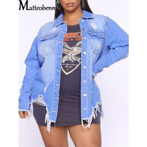 Plus Size Long Denim Jacket Women 2021 Autumn Ripped Jeans Coat Female Irregular Tear Hem Vintage Button Streetwear Casual Tops