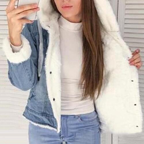 Women Denim Warm Hooded Jacket Femme Faux Fur Collar Jeans Coats Cotton Padded Coats Jacket