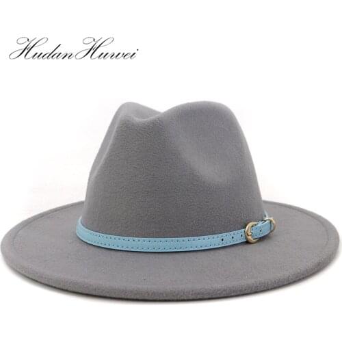 Womens Classic Wide Brim Floppy Panama Hat with Belt Buckle faux Wool felt Fedora Hats man Trilby Jazz Cap