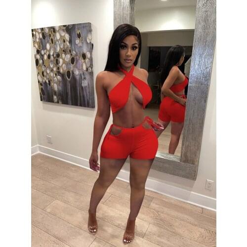 Womens Sports Shorts Halter Top Two-piece Suit Fashion Sexy Solid Color Two-piece Shorts Short Casual Suit