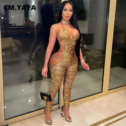CM.YAYA Women Jumpsuit Solid Sleeveless Spaghetti Strap Halter V-neck Bandage Hollow Out Bodycon Jumpsuits Sexy Summer Outfit