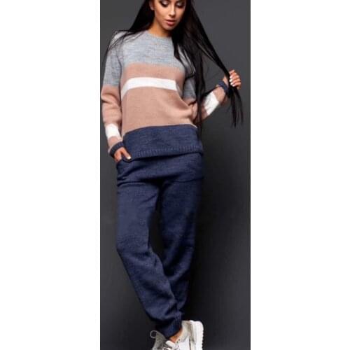 Amolapha Women Hit Color Patchwork Knitted Pullovers+Pants 2 Pieces Clothing Sets Casual Patchwork Tracksuits