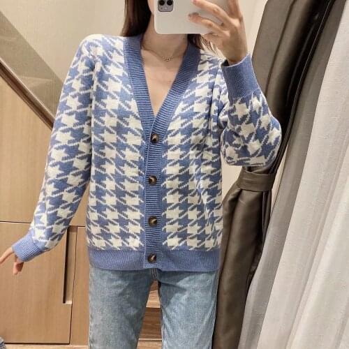 2020 Autumn Winter Vintage Houndstooth Knitted Cardigans Tops V Neck Long Sleeve Sweater Jacket Korean Loose Plaid Clothing Coat
