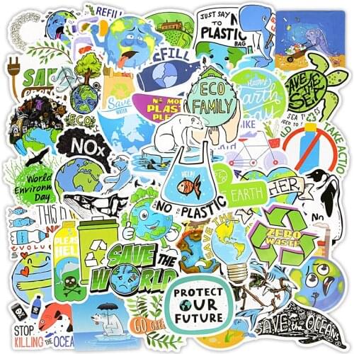 50PCS Save Earth Sticker Funny Cartoon Vinyl Education Environment For Kid Gift DIY Laptop Fridge Bike Diary Decals Stickers F3