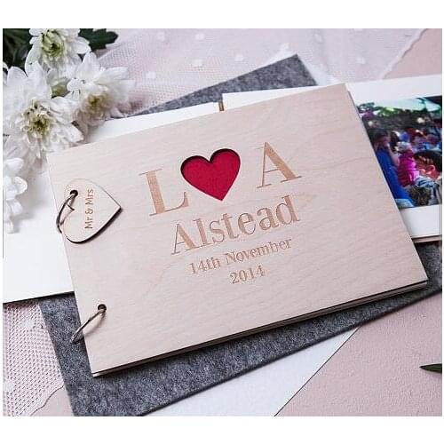 Custom language Heart Initials wedding guest Memory album engraved Wooden guestbooks Reception birthday party favors
