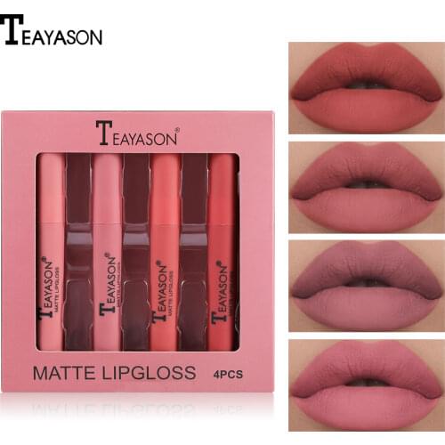 4 Colors/Box Velvet Matte Liquid Lipstick Makeup Nude Lip Gloss Cosmetics Waterproof Lip Stick Cream Make Up Silky Lipgloss Tint
