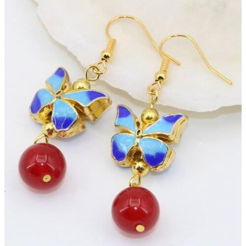 Free shipping drop dangle earrings 13*16mm gold-color butterfly cloisonne purple jades long earrings fashion women jewelry B2632